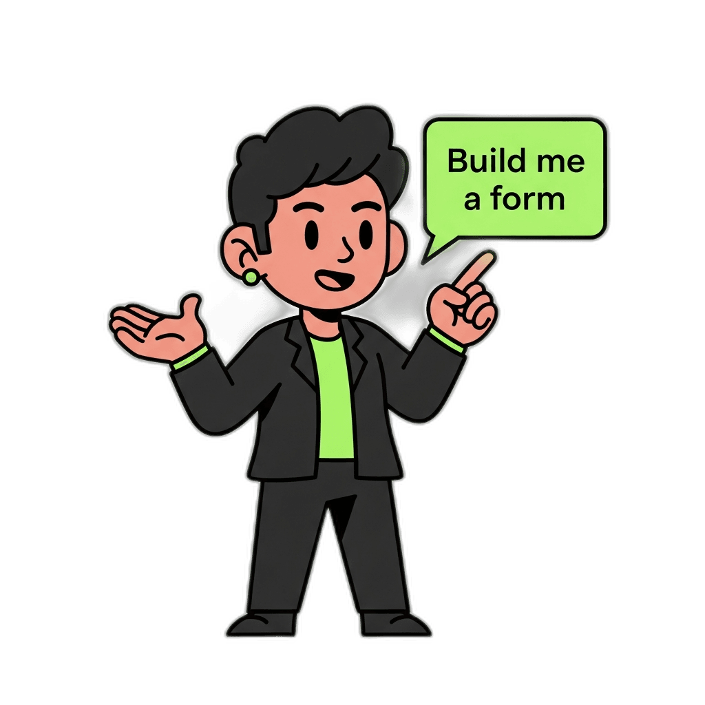 Person enthusiastically gesturing at an AI speech bubble saying 'Build me a form' — representing Dokko's conversational AI form builder