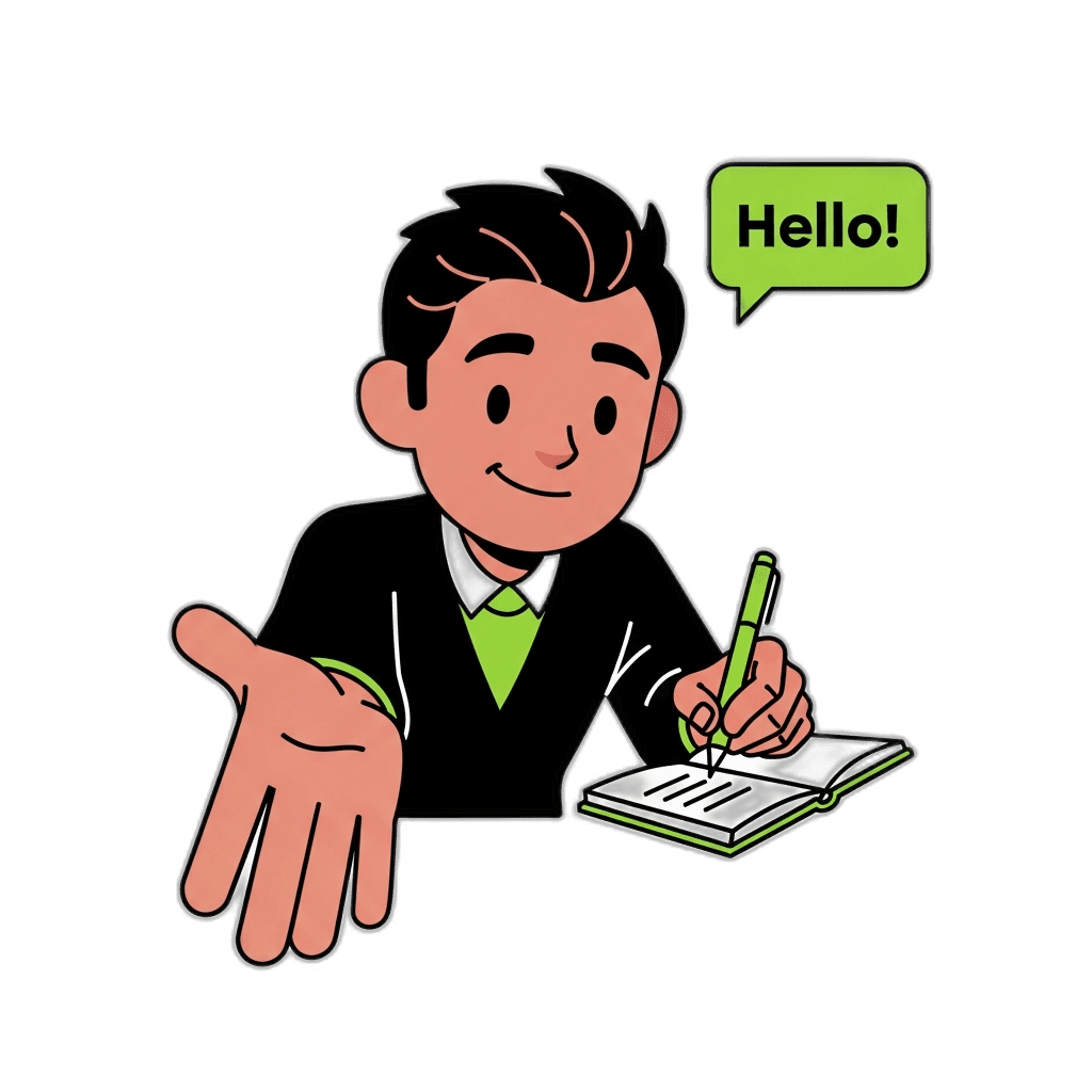 Friendly person extending a welcoming hand with a notepad ready to take notes — representing Dokko's collaborative support and rapid response
