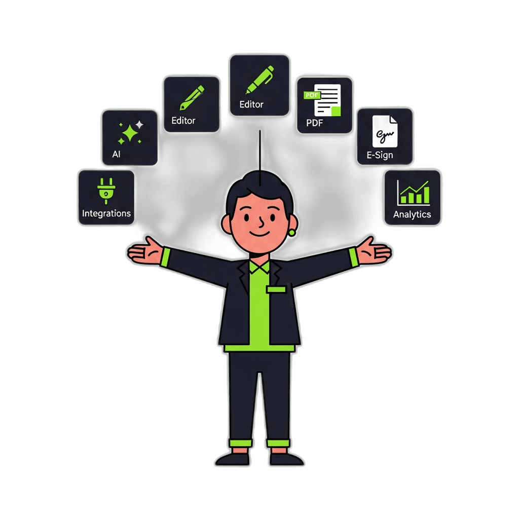 Person proudly presenting six floating Dokko module icons — AI builder, visual editor, PDF generation, e-signatures, integrations, and analytics
