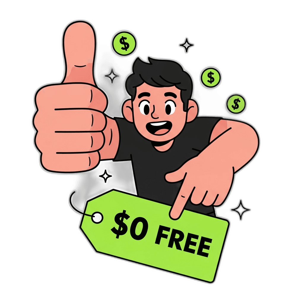 Person giving thumbs up next to a $0 FREE price tag — representing Dokko's free plan with no credit card required