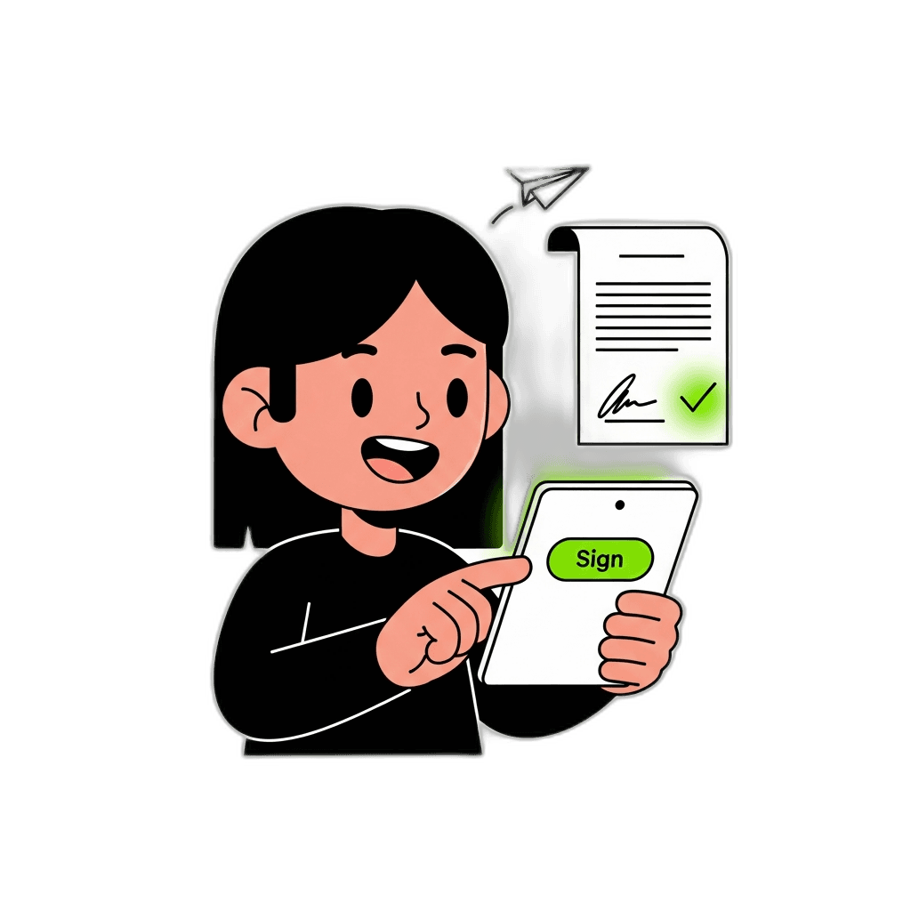 Person tapping a Sign button on a tablet as a document flies away — representing Dokko's e-signature and send workflow